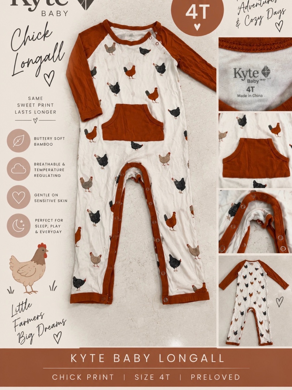 Kyte Baby 4T Chick Print Longall - Rust & White